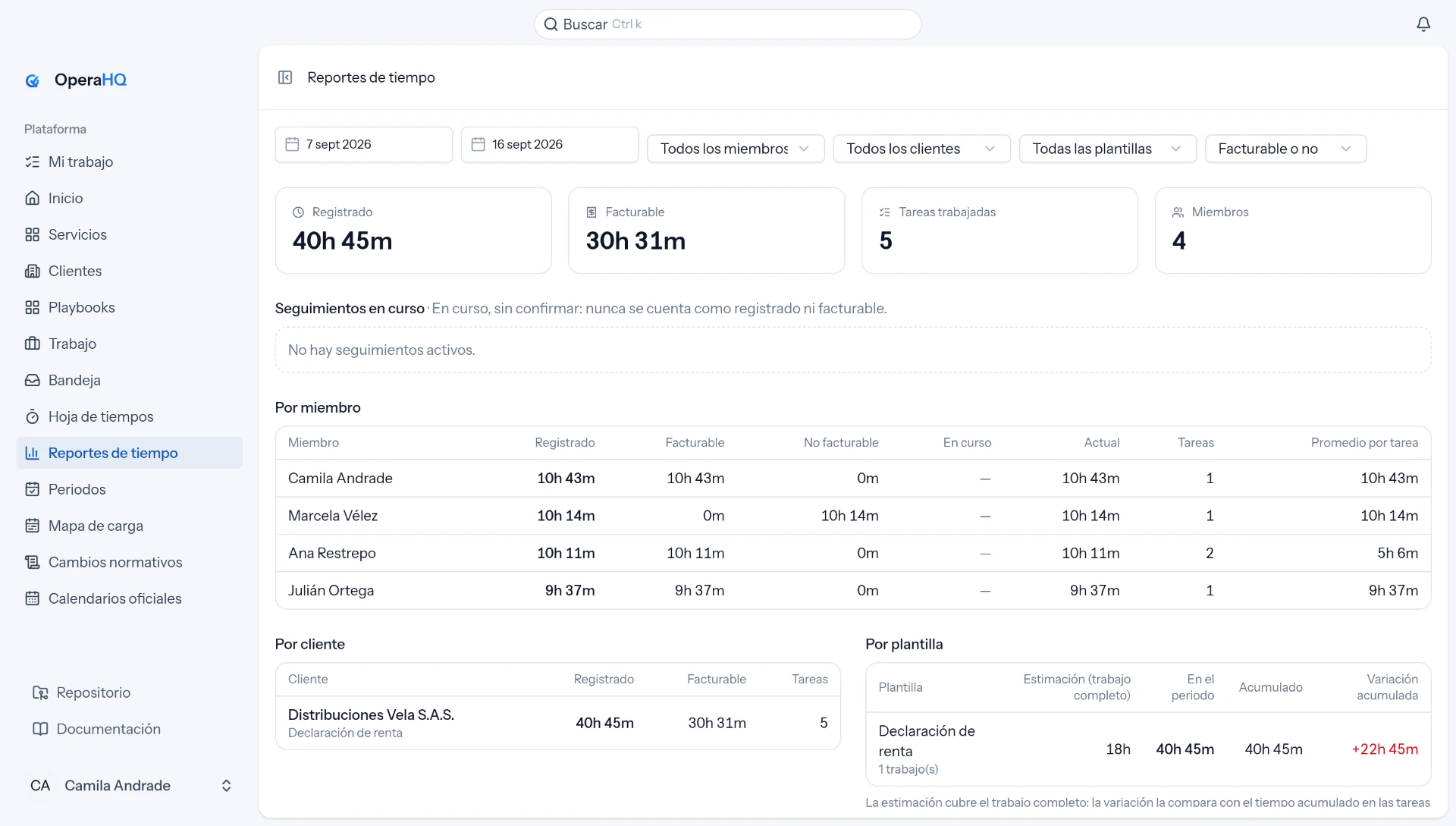 Reporte de tiempo de OperaHQ con horas registradas y facturables, tareas, miembros, clientes y variaciones.