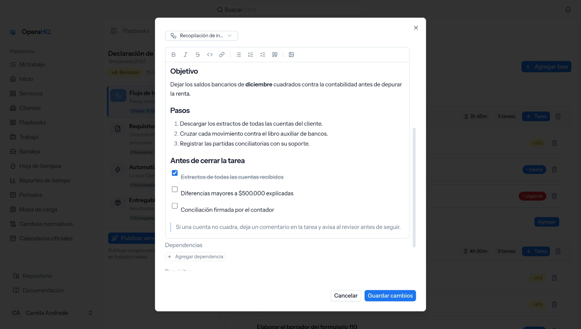 Editor de instrucciones de OperaHQ con objetivo, pasos, lista de verificación y nota contextual.