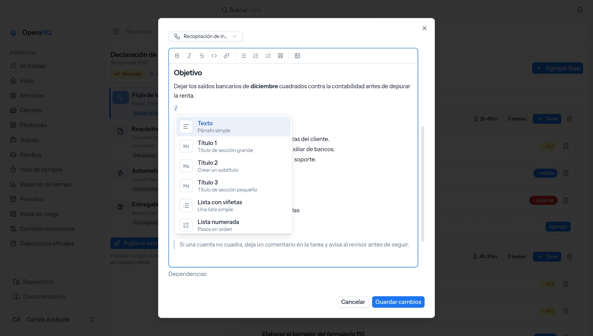 Menú del editor de OperaHQ para insertar texto, títulos y listas dentro de las instrucciones.