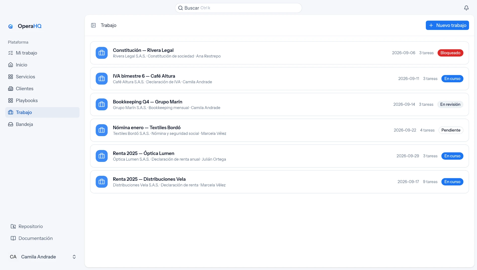 Lista de trabajos activos en OperaHQ por cliente, con fecha límite, número de tareas y estado.